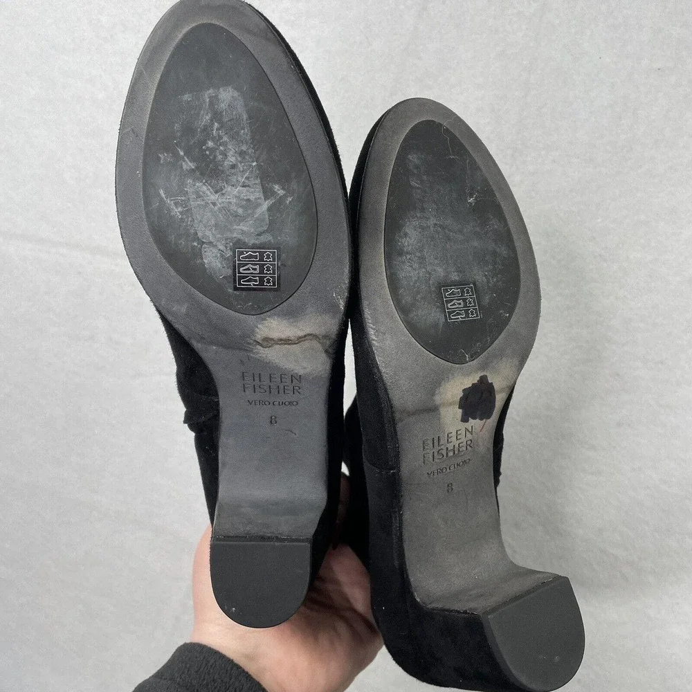 EILEEN FISHER‎ Black Suede Ankle Booties Size 8 Side Zip Block Heel Boots EUC